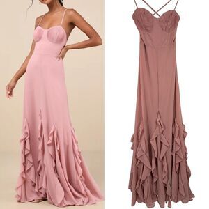 Lulus Ruffled Lace Up Maxi Dress S Pink Priela Romantic Wedding Prom Fairy